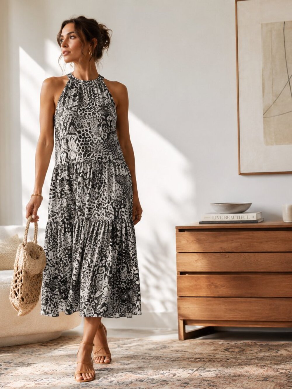 Hayden Los Angeles High Neck Animal Print Trapeze Tiered Midi Dress Breezy Flowy